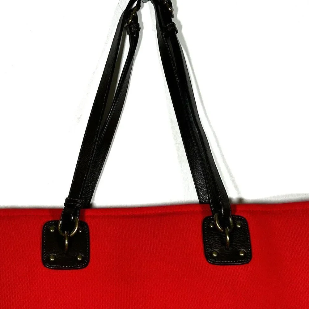 Coldwater Creek Handbag Tote Bag Red Cotton Canvas Leather Preppy Never used